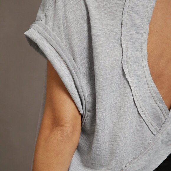 Grey Casual Women's Round Neck Hollow Out Short Front Long Back T-Shirt - Picture 6 of 7